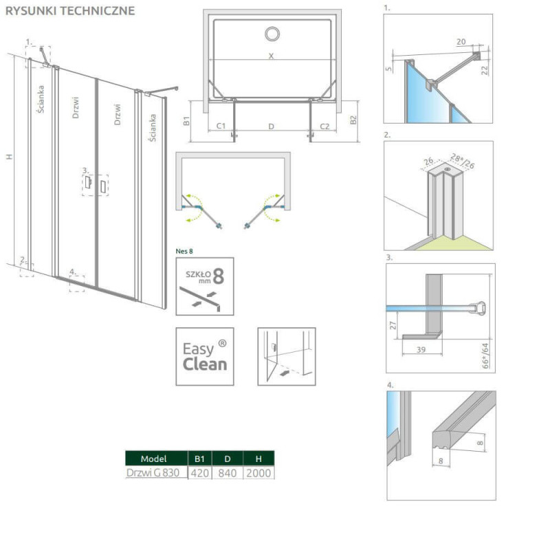 Drzwi Prysznicowe Nes 8 DWD II Czarne 830 10081083-54-01 Radaway