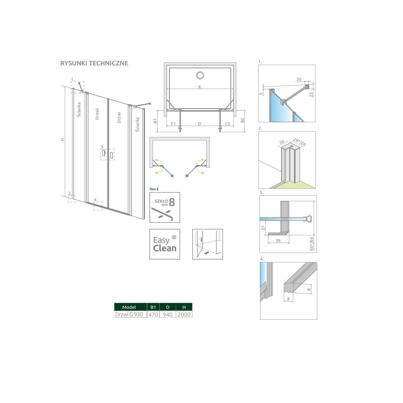 Drzwi Prysznicowe Nes 8 DWD II Czarne 930 10081093-54-01 Radaway
