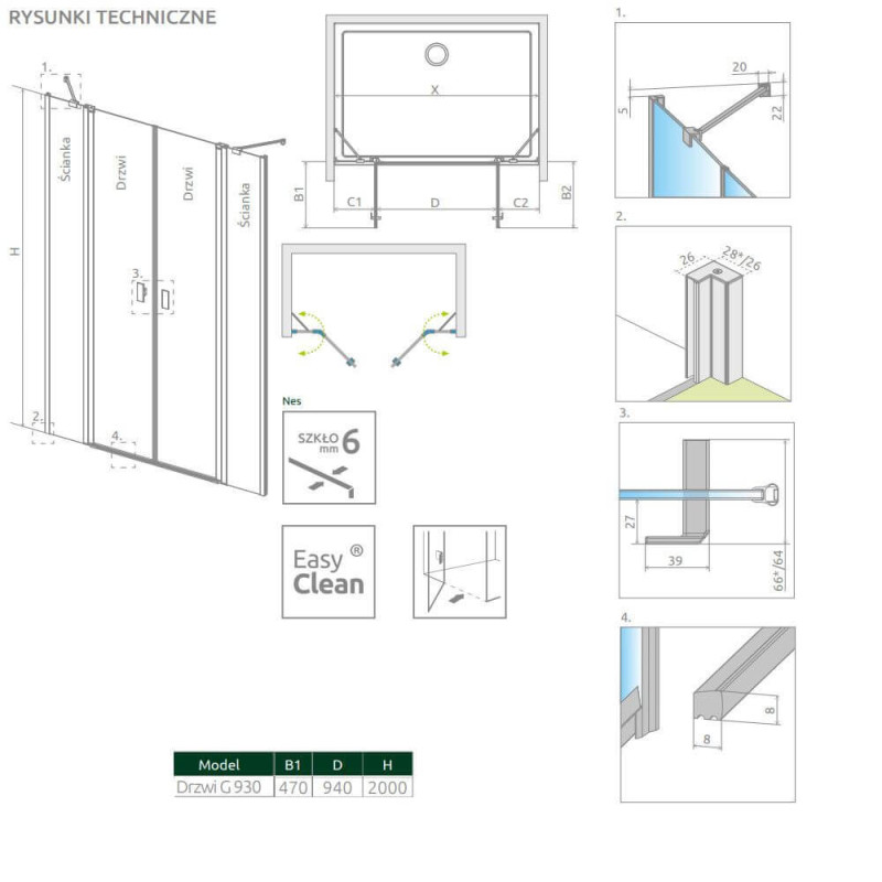 Drzwi Prysznicowe Nes DWD II Czarne 930 10037093-54-01 Radaway