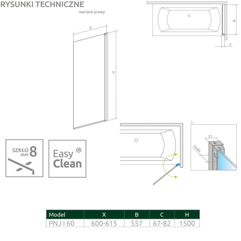 Parawan Nes 8 PNJ 60 Czarny Prawy Frame Nes 8 10061060-54-56R Radaway