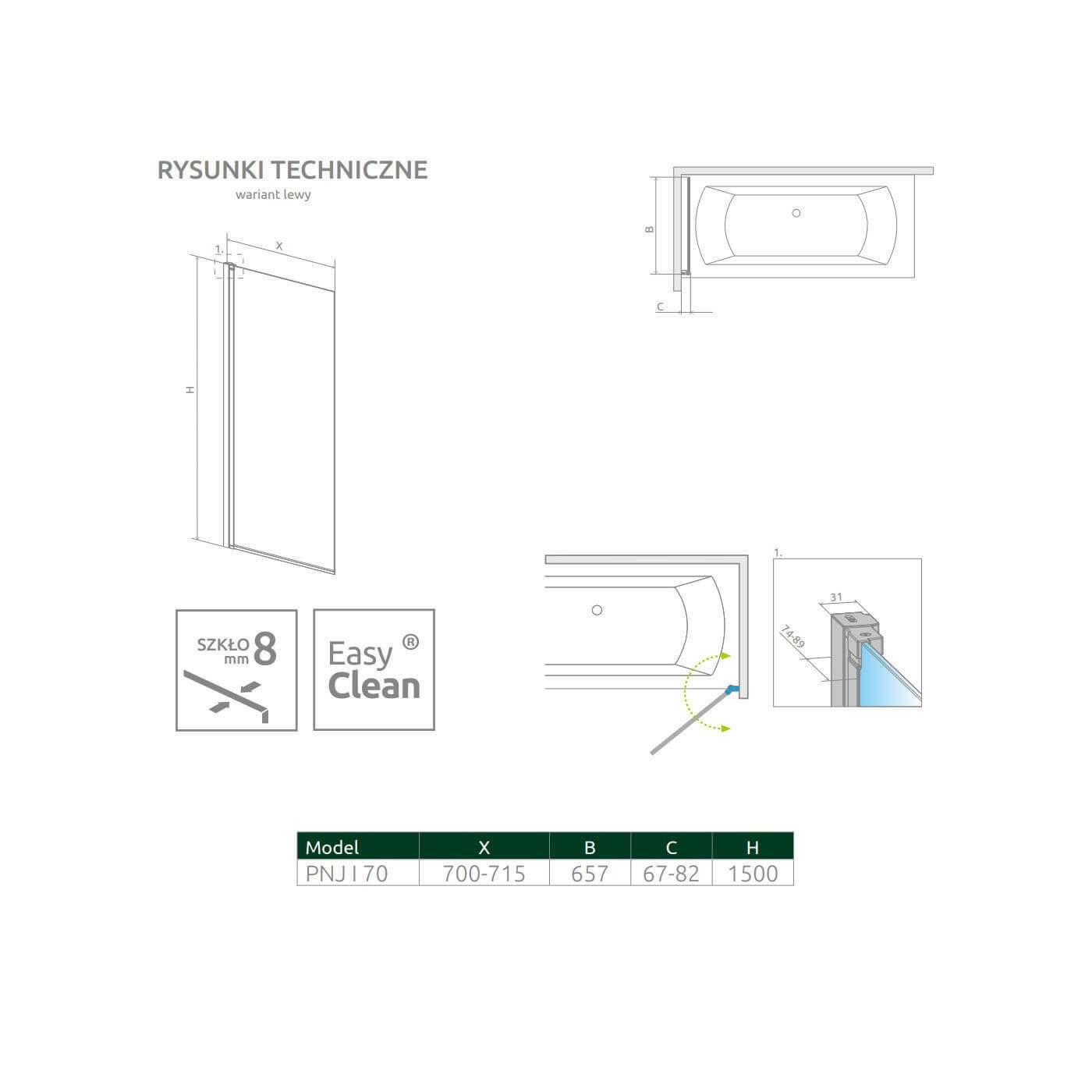 Parawan Nes 8 PNJ 70 Czarny Lewy Frame Nes 8 10061070-54-56L Radaway
