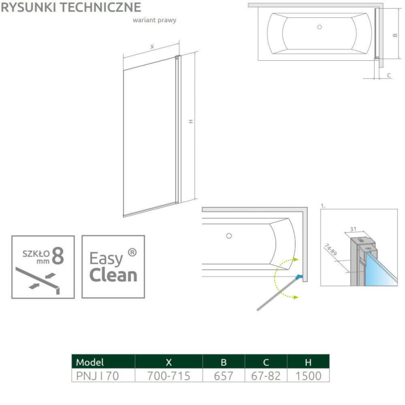 Parawan Nes 8 PNJ 70 Czarny Prawy Frame Nes 8 10061070-54-56R Radaway