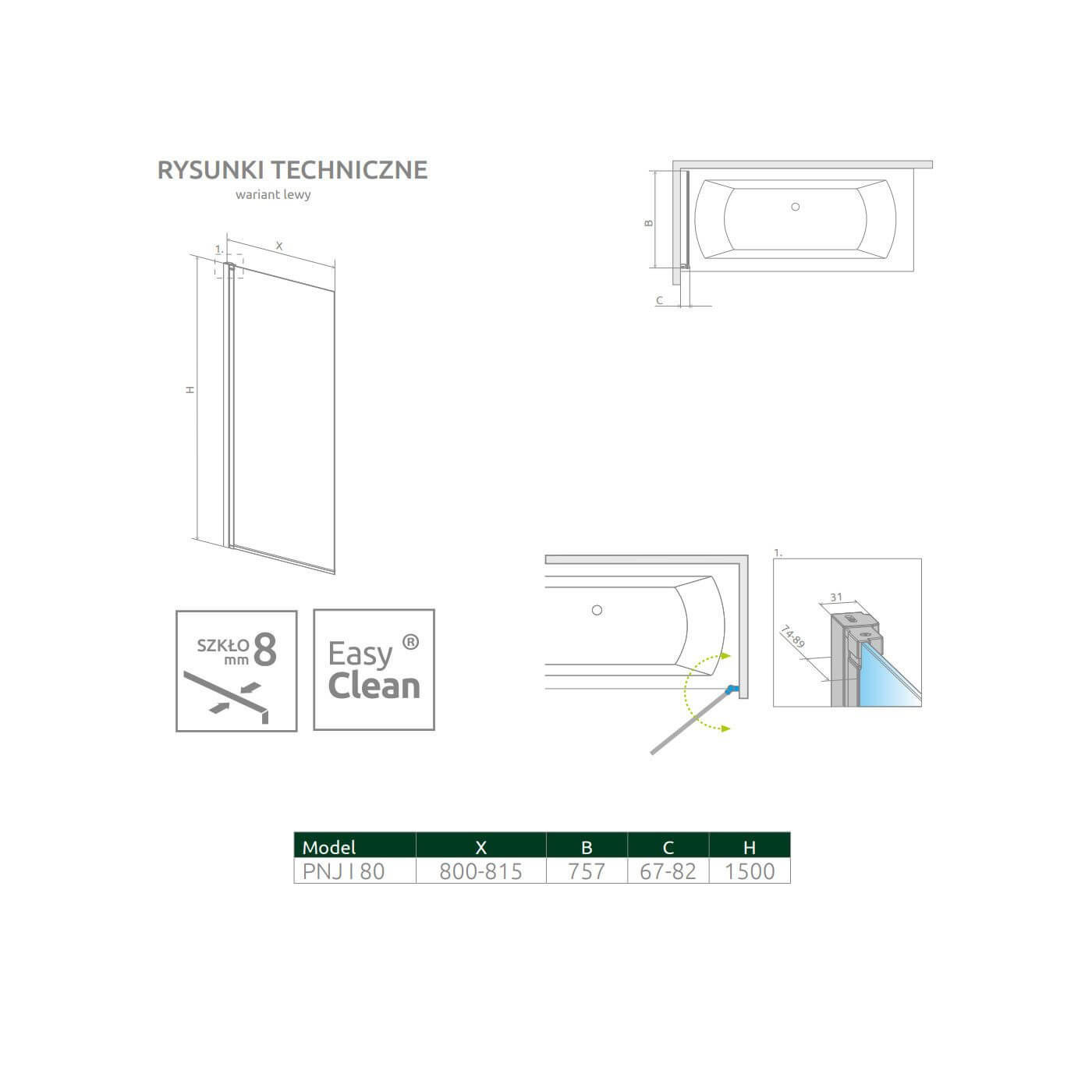 Parawan Nes 8 PNJ 80 Czarny Lewy Frame Nes 8 10061080-54-56L Radaway