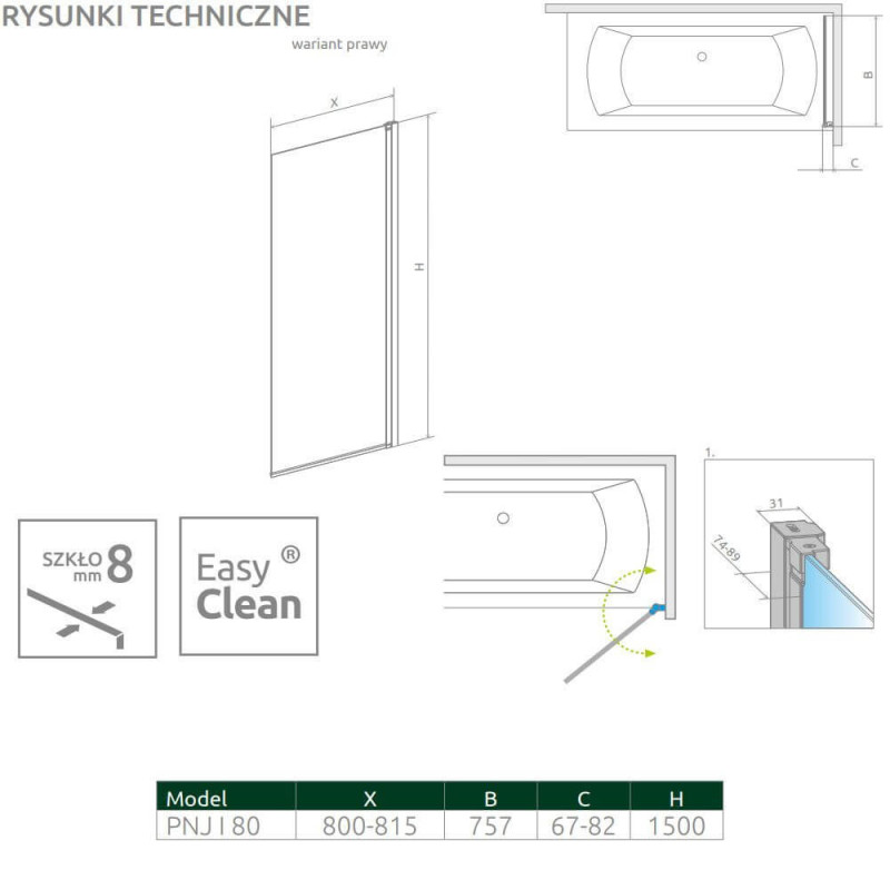 Parawan Nes 8 PNJ 80 Czarny Prawy Frame Nes 8 10061080-54-56R Radaway