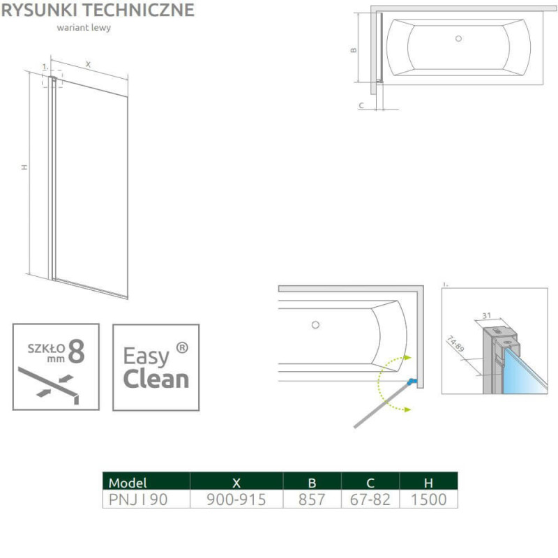 Parawan Nes 8 PNJ 90 Czarny Lewy Frame Nes 8 10061090-54-56L Radaway