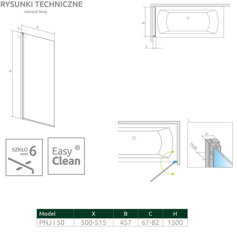 Parawan Nes PNJ 50 Czarny Lewy Frame Nes 10011050-54-56L Radaway