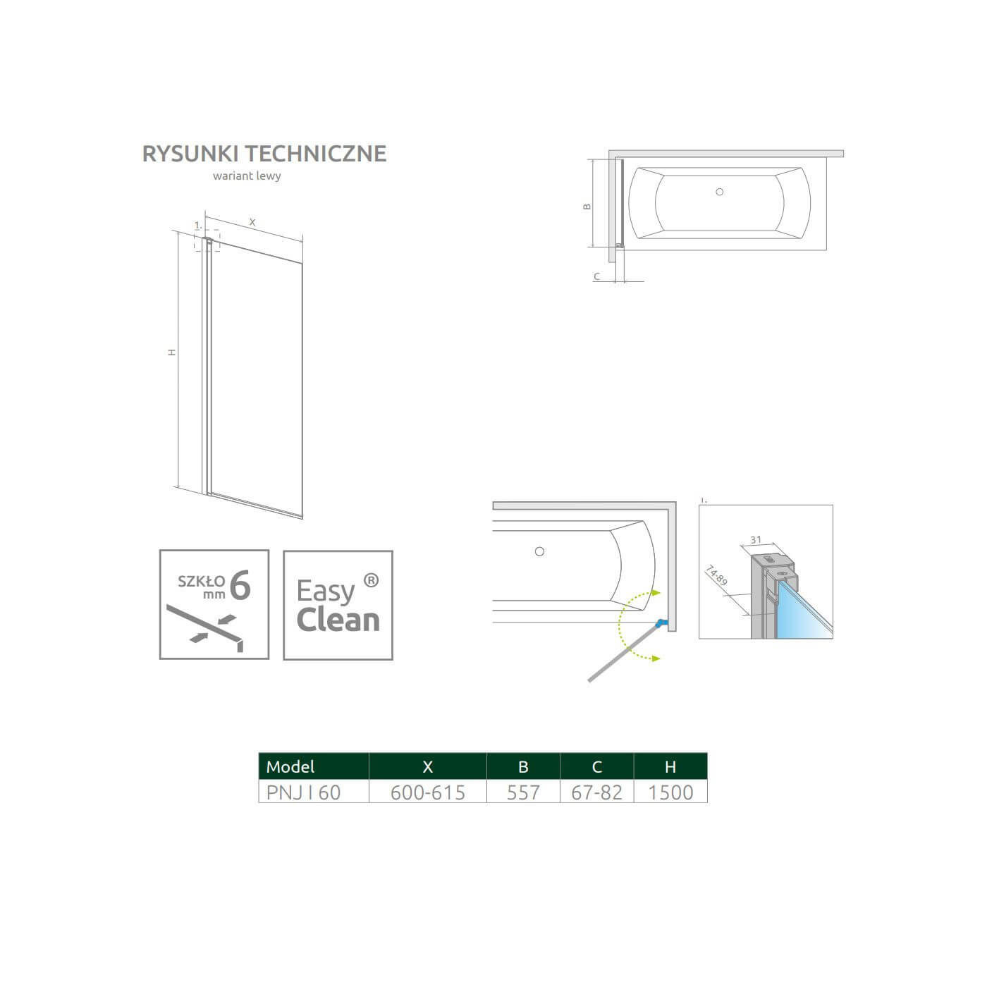 Parawan Nes PNJ 60 Czarny Lewy Frame Nes 10011060-54-56L Radaway