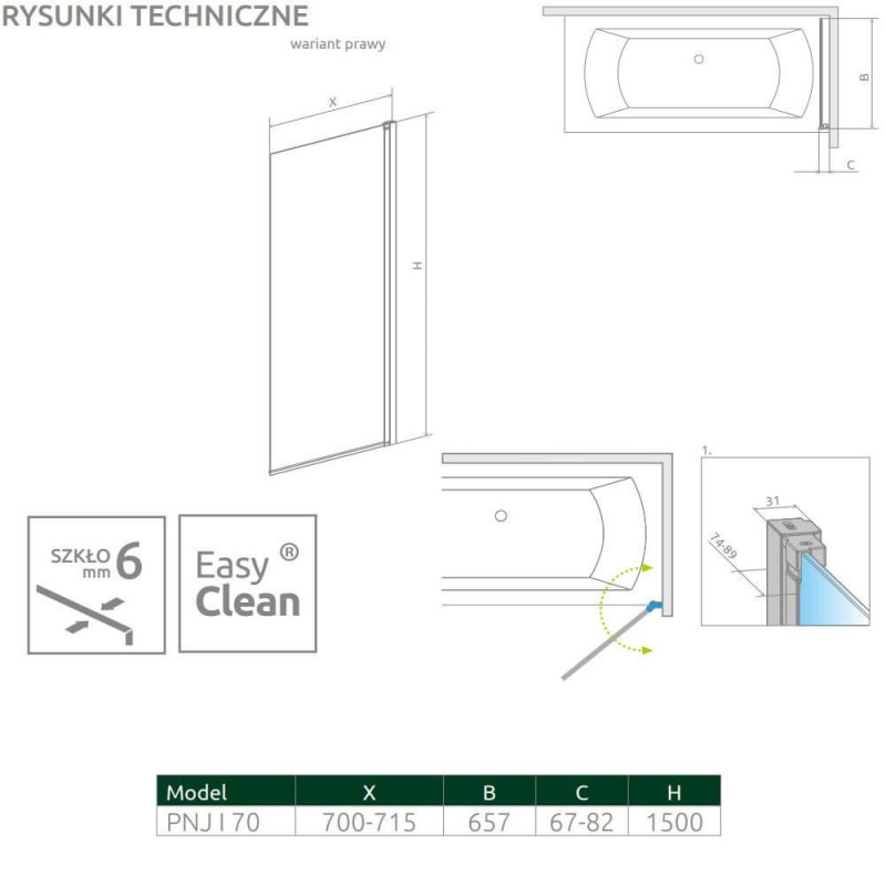 Parawan Nes PNJ 70 Czarny Prawy Frame Nes 10011070-54-56R Radaway