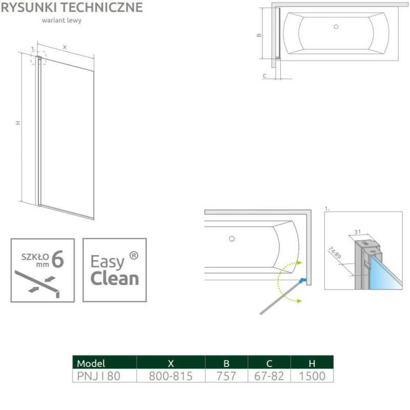 Parawan Nes PNJ 80 Czarny Lewy Frame Nes 10011080-54-56L Radaway
