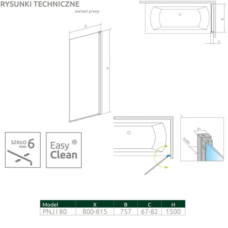 Parawan Nes PNJ 80 Czarny Prawy Frame Nes 10011080-54-56R Radaway