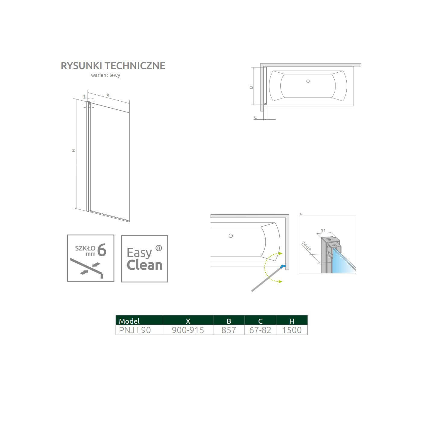 Parawan Nes PNJ 90 Czarny Lewy Frame Nes 10011090-54-56L Radaway