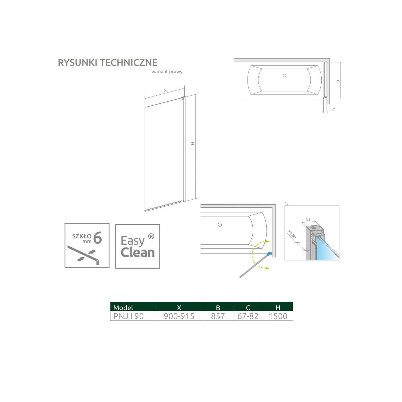 Parawan Nes PNJ 90 Czarny Prawy Frame Nes 10011090-54-56R Radaway