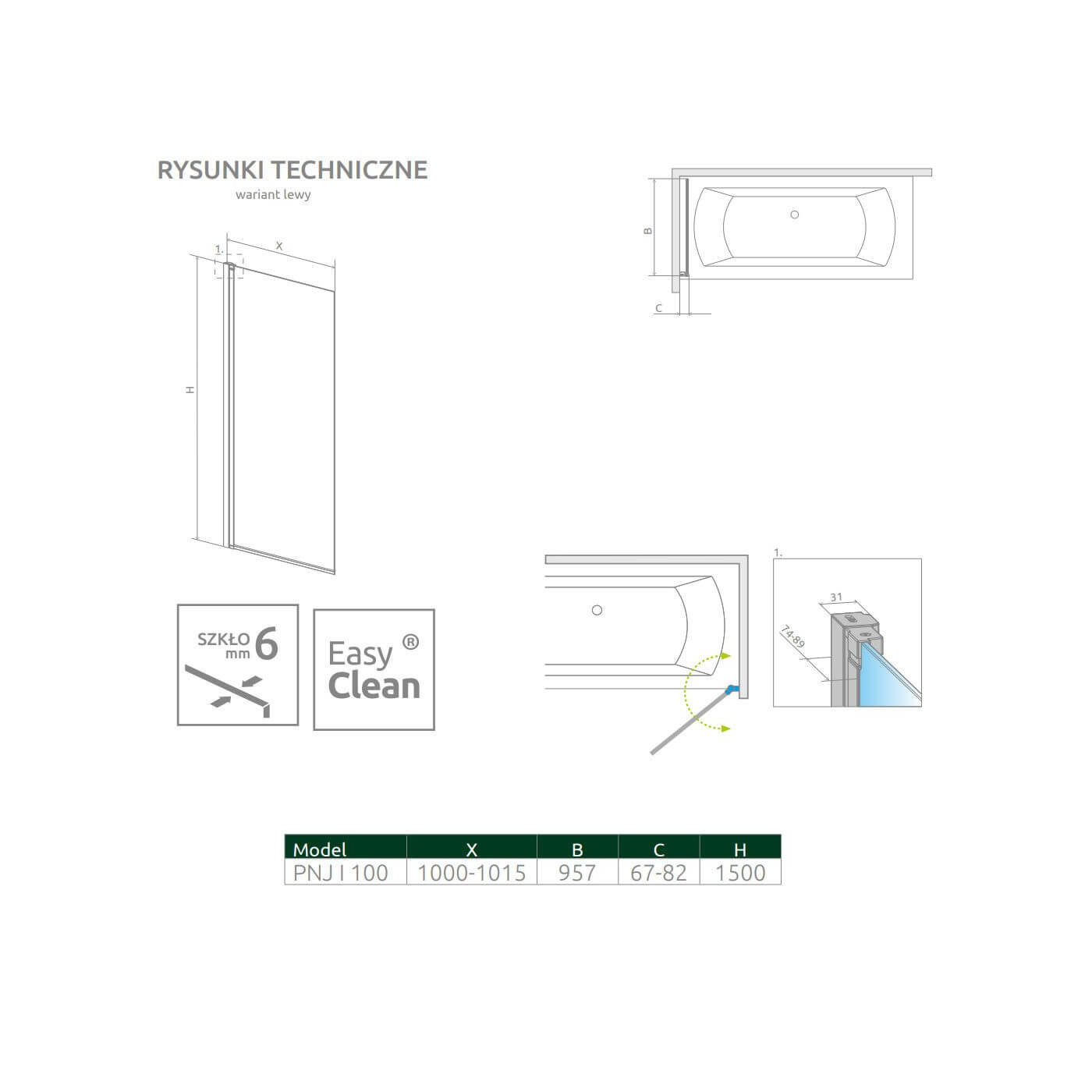Parawan Nes PNJ 100 Czarny Lewy Frame Nes 10011100-54-56L Radaway