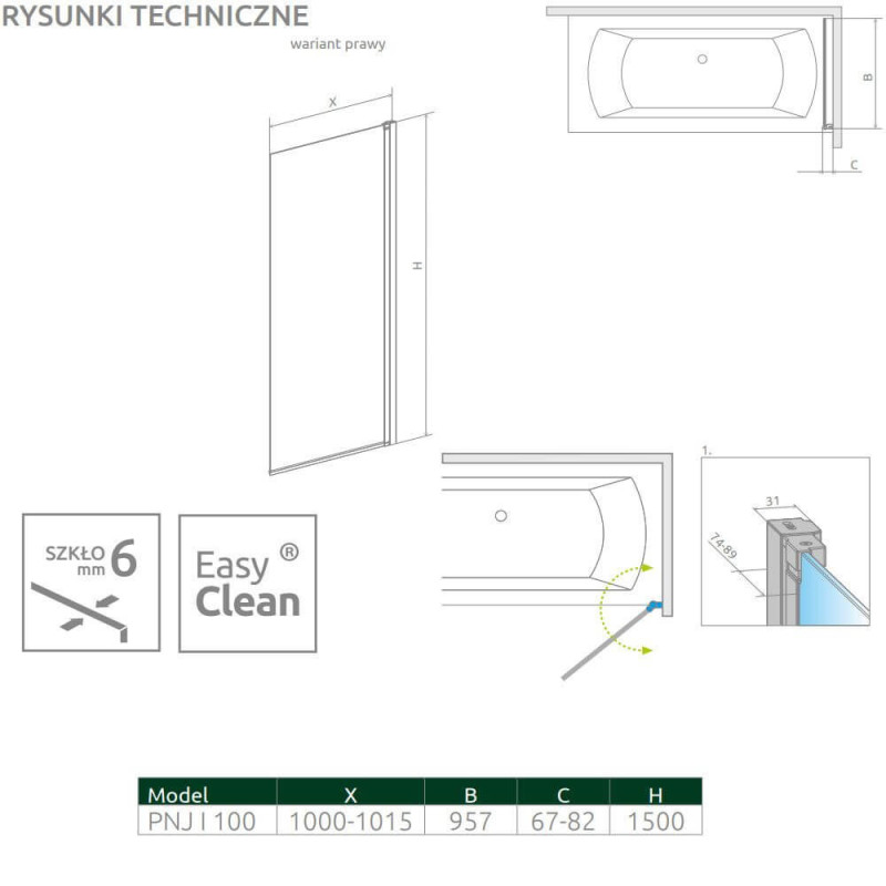 Parawan Nes PNJ 100 Czarny Prawy Frame Nes 10011100-54-56R Radaway