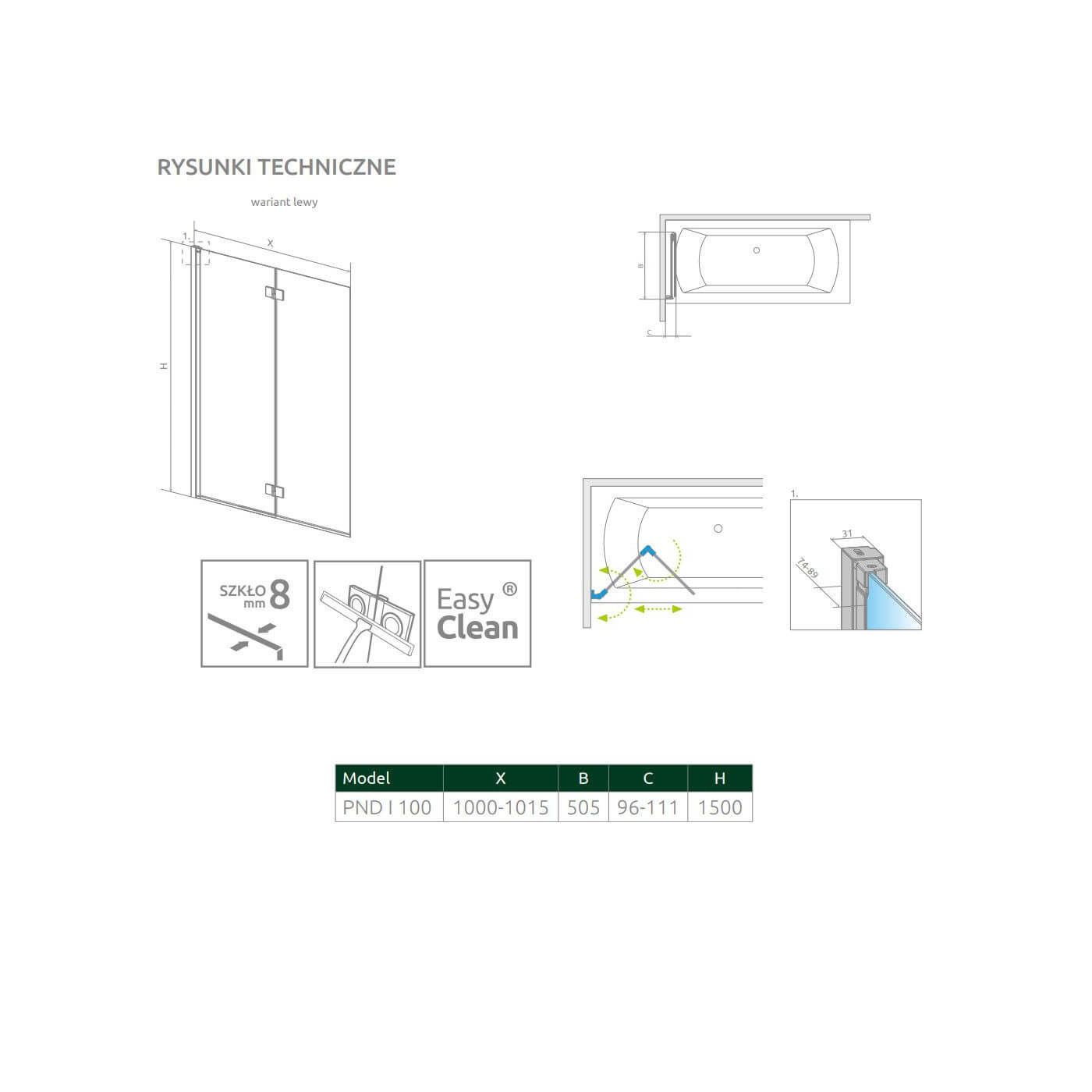 Parawan Nes 8 Czarny PND I 100 Lewy Nes 8 10060100-54-01L Radaway