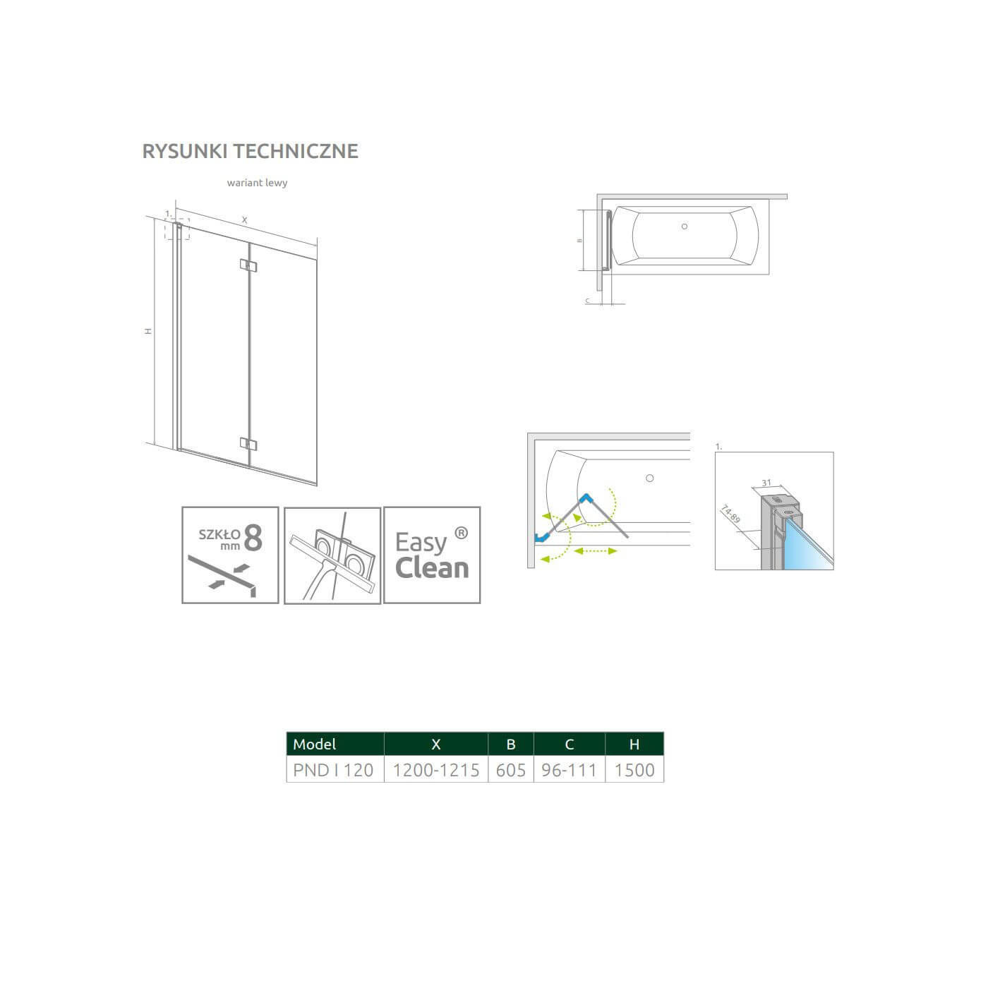 Parawan Nes 8 Czarny PND I 120 Lewy Nes 8 10060120-54-01L Radaway