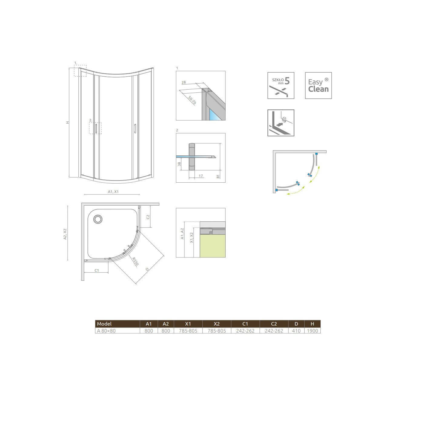 Kabina Symetryczna Premium Plus Szkło Grafitowe 1900 A 80x80 30413-01-05N Radaway