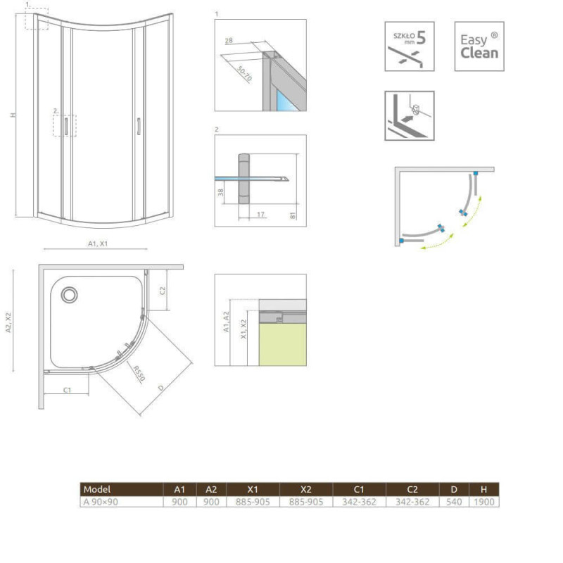 Kabina Symetryczna Premium Plus Szkło Grafitowe 1900 A 90x90 30403-01-05N Radaway