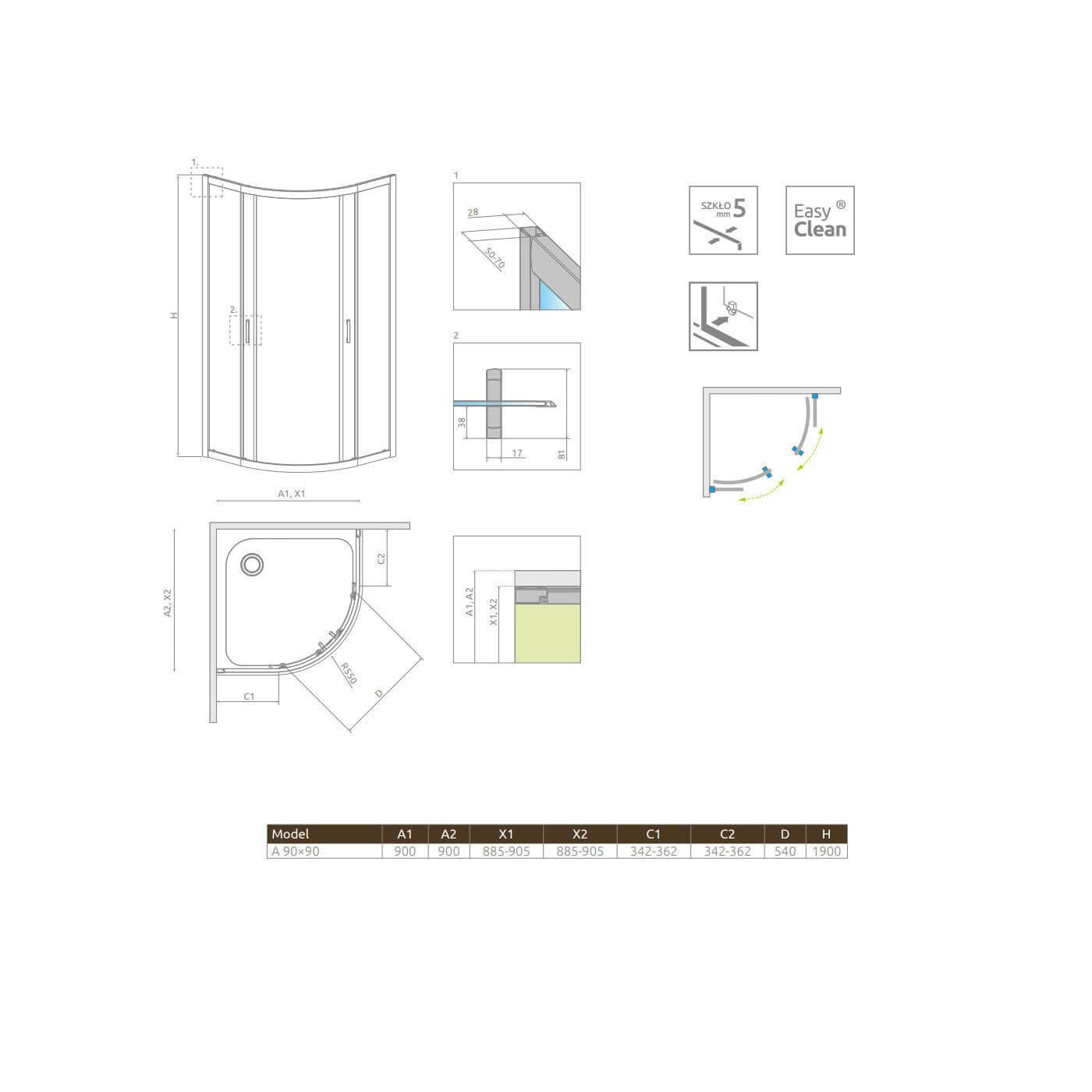 Kabina Symetryczna Premium Plus Szkło Brązowe 1900 A 90x90 30403-01-08N Radaway