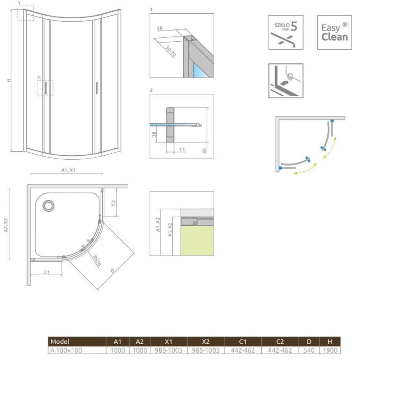Kabina Symetryczna Premium Plus Szkło Grafitowe 1900 A 100x100 30423-01-05N Radaway