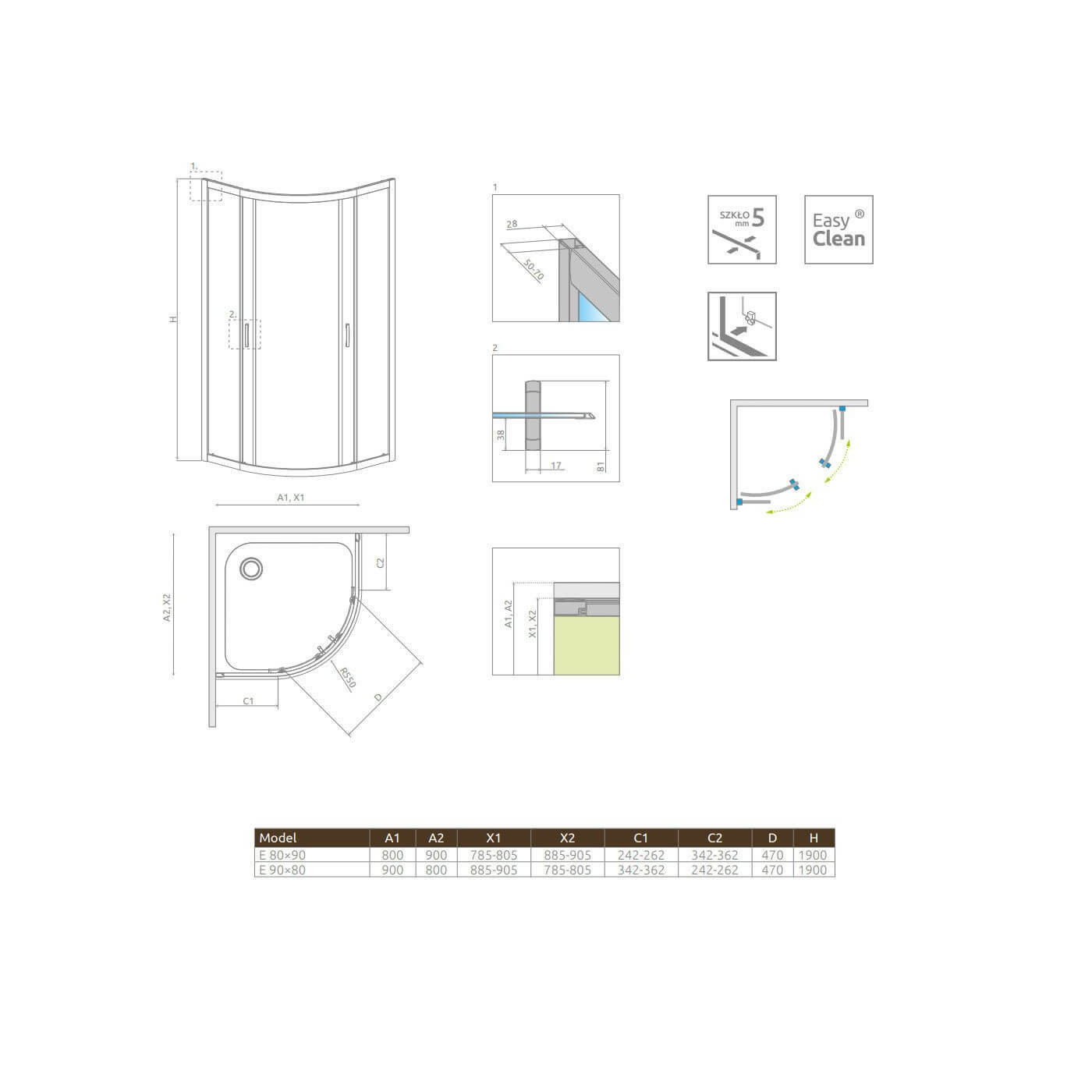 Kabina Asymetryczna Premium Plus Szkło Grafitowe 1900 E 90x80 30492-01-05N Radaway