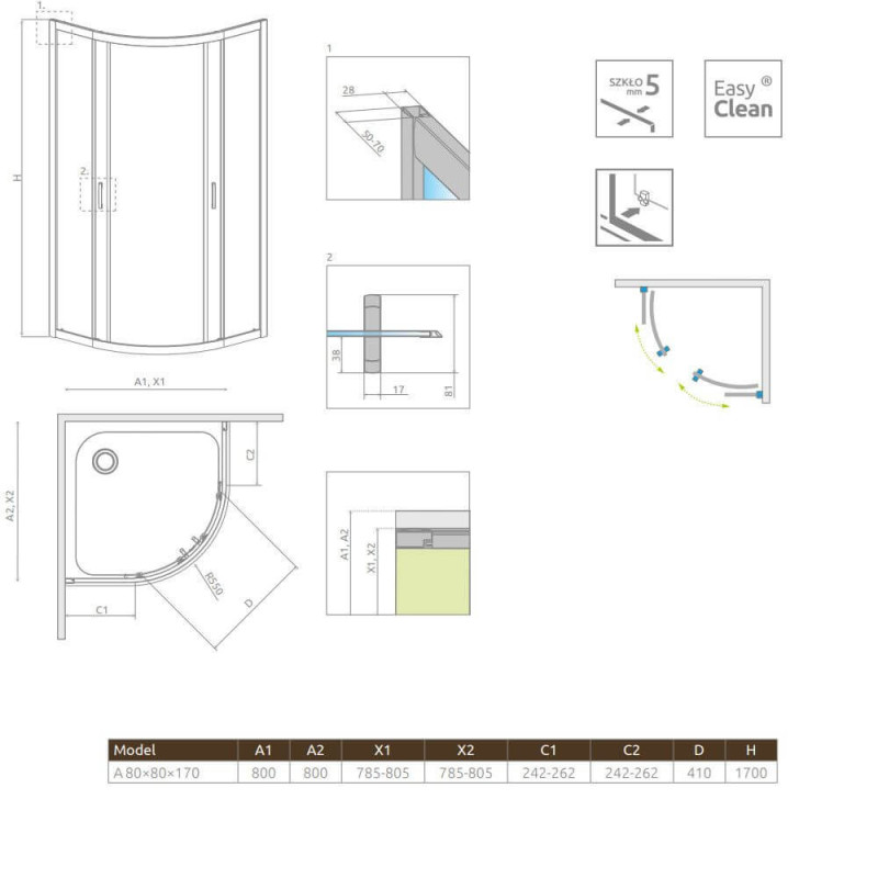 Kabina Symetryczna Premium Plus 1700 A 80x80 30411-01-01N Radaway