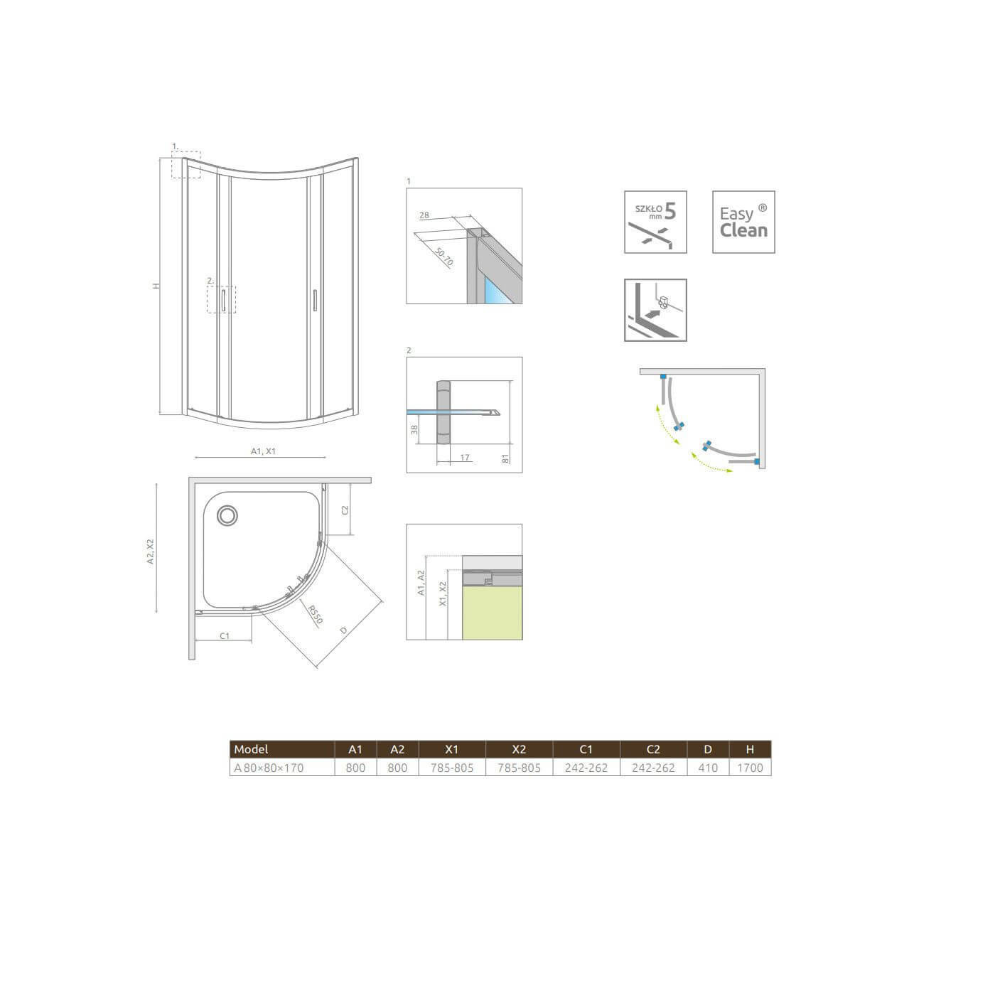 Kabina Symetryczna Premium Plus Szkło Fabric 1700 A 80x80 30411-01-06N Radaway