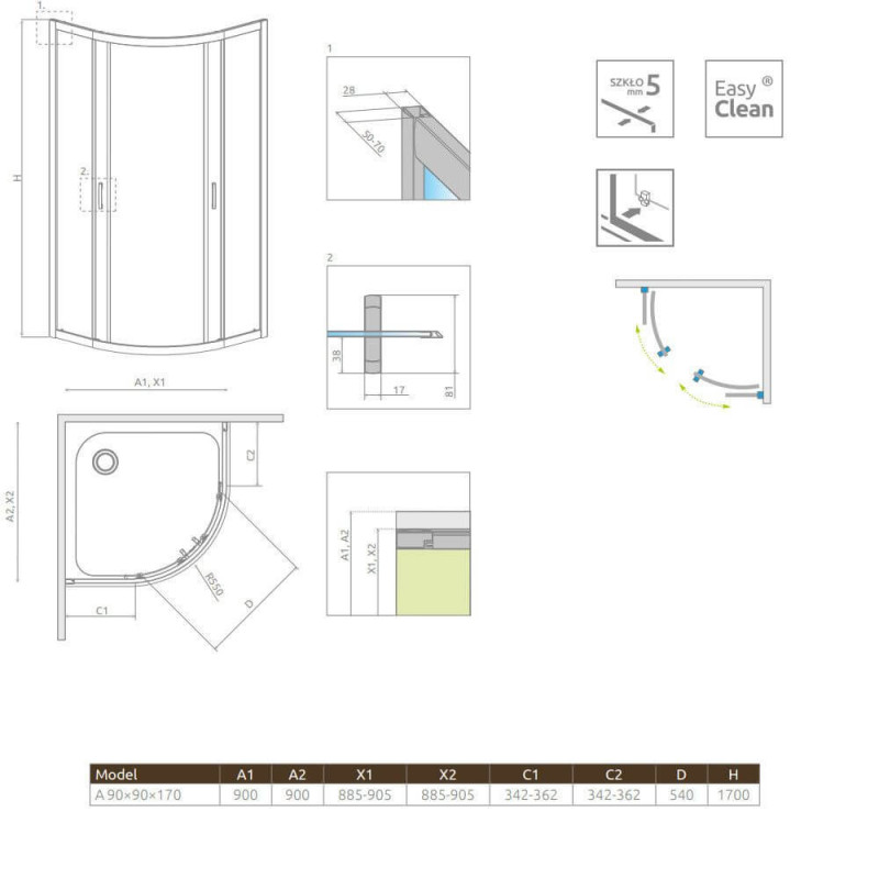 Kabina Symetryczna Premium Plus Szkło Fabric 1700 A 90x90 30401-01-06N Radaway