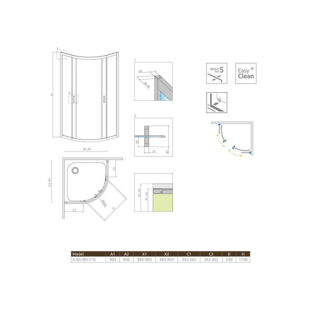 Kabina Symetryczna Premium Plus Szkło Brązowe 1700 A 90x90 30401-01-08N Radaway
