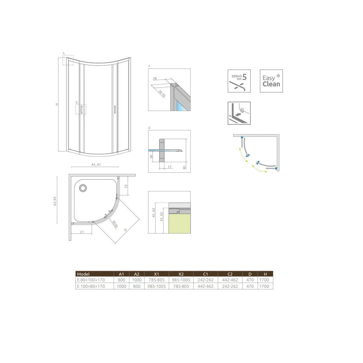 Kabina Asymetryczna Premium Plus Szkło Fabric 1700 E 100x80 30481-01-06N Radaway