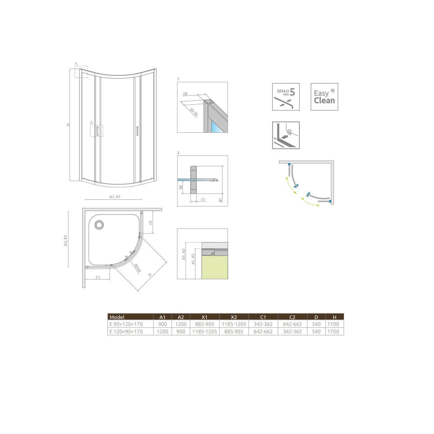 Kabina Asymetryczna Premium Plus Szkło Grafitowe 1700 E 120x90 30483-01-05N Radaway