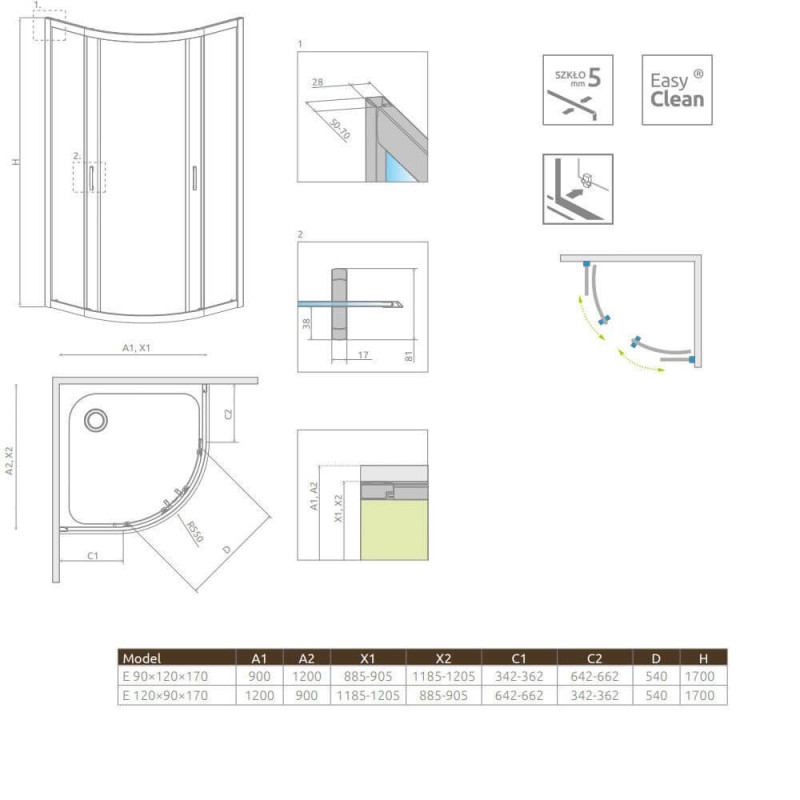 Kabina Asymetryczna Premium Plus Szkło Fabric 1700 E 120x90 30483-01-06N Radaway