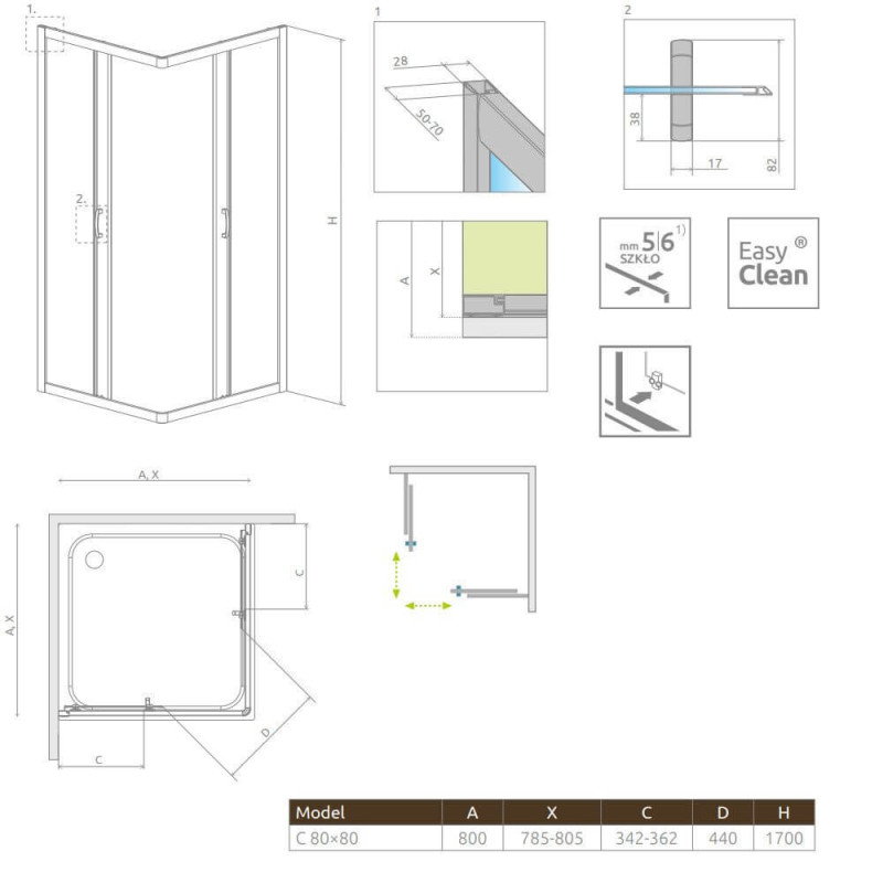 Kabina Premium Plus 1700 C 80x80 30461-01-01N Radaway