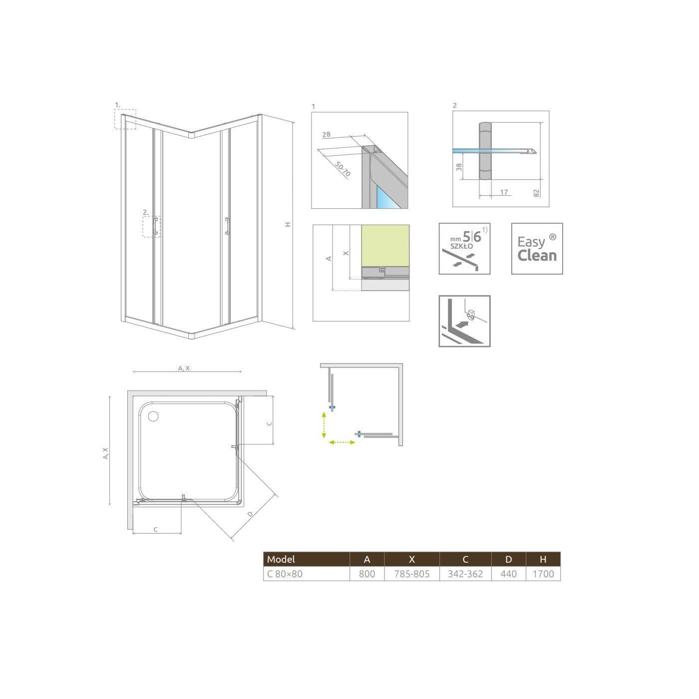 Kabina Premium Plus Szkło Fabric 1700 C 80x80 30461-01-06N Radaway