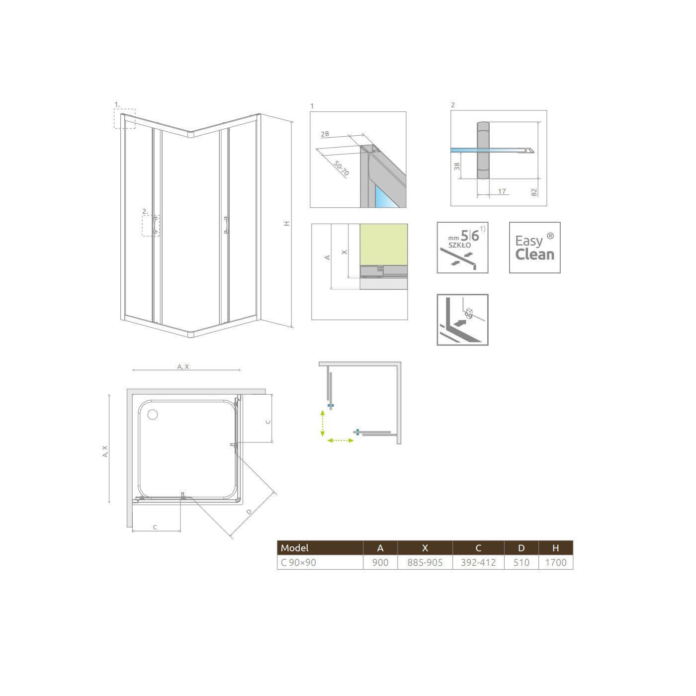 Kabina Premium Plus Szkło Brązowe 1700 C 90x90 30451-01-08N Radaway