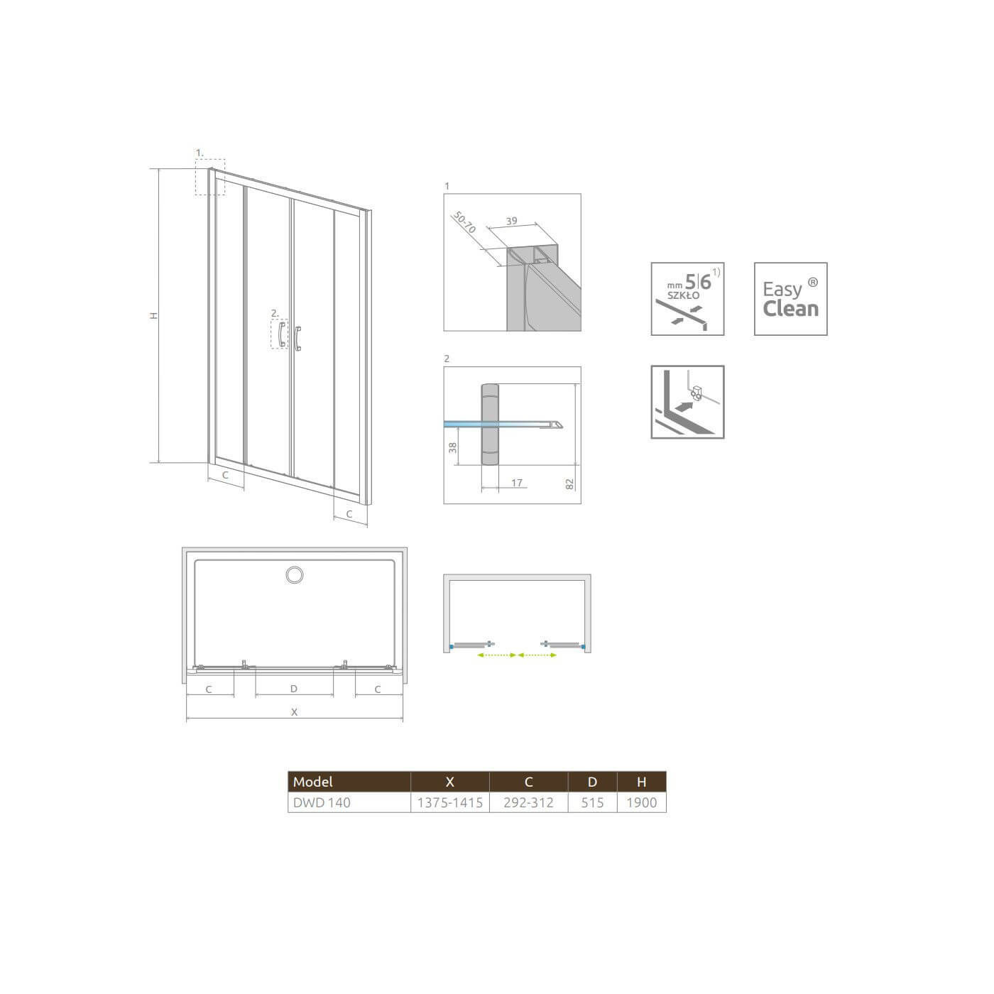 Drzwi Prysznicowe Premium Plus DWD 140 33353-01-01N Radaway