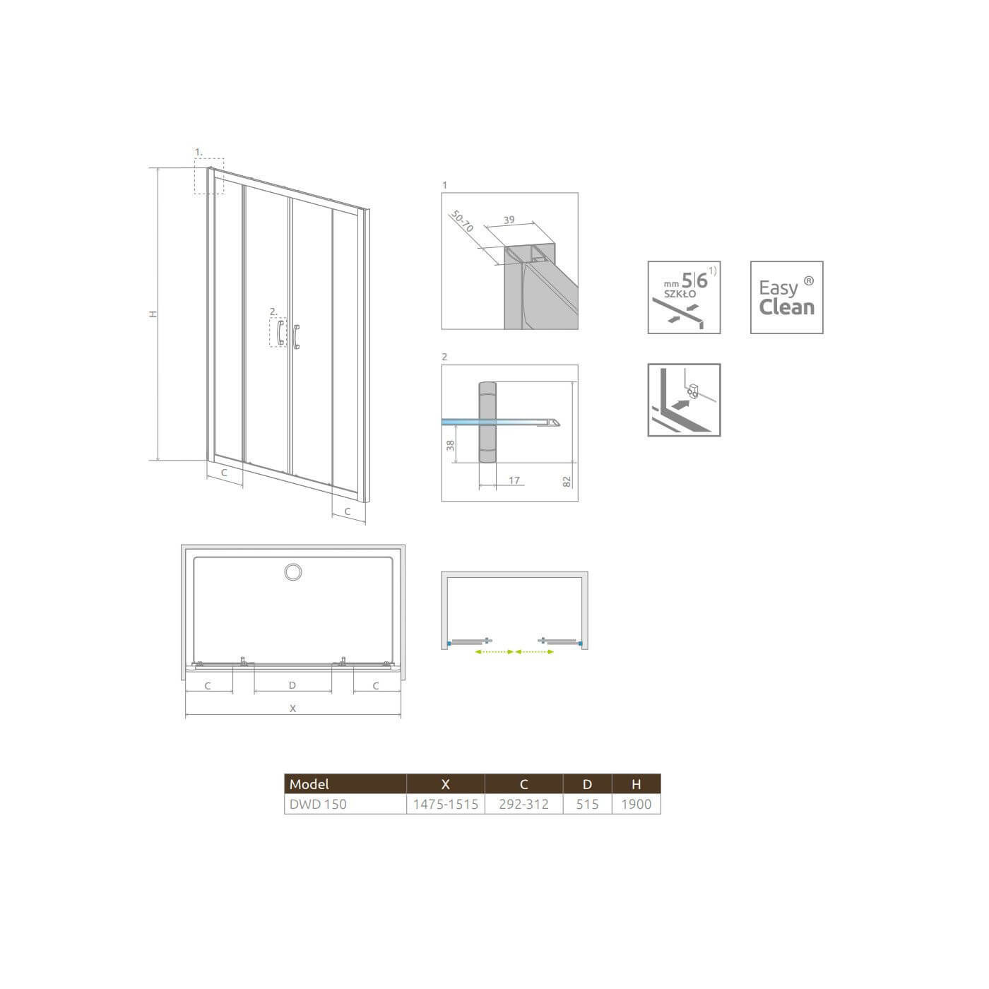 Drzwi Prysznicowe Premium Plus DWD 150 33393-01-01N Radaway