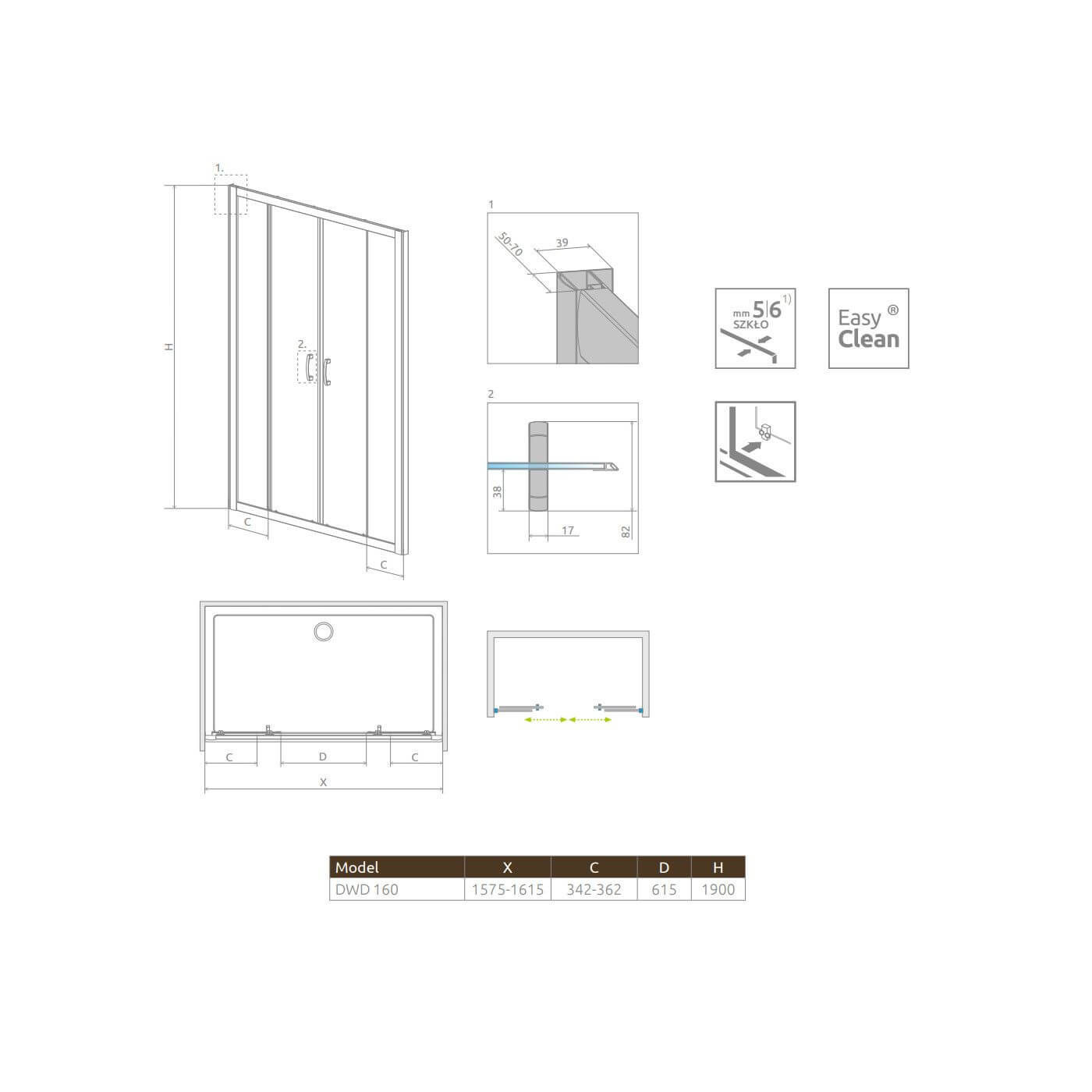 Drzwi Prysznicowe Premium Plus DWD 160 33363-01-01N Radaway