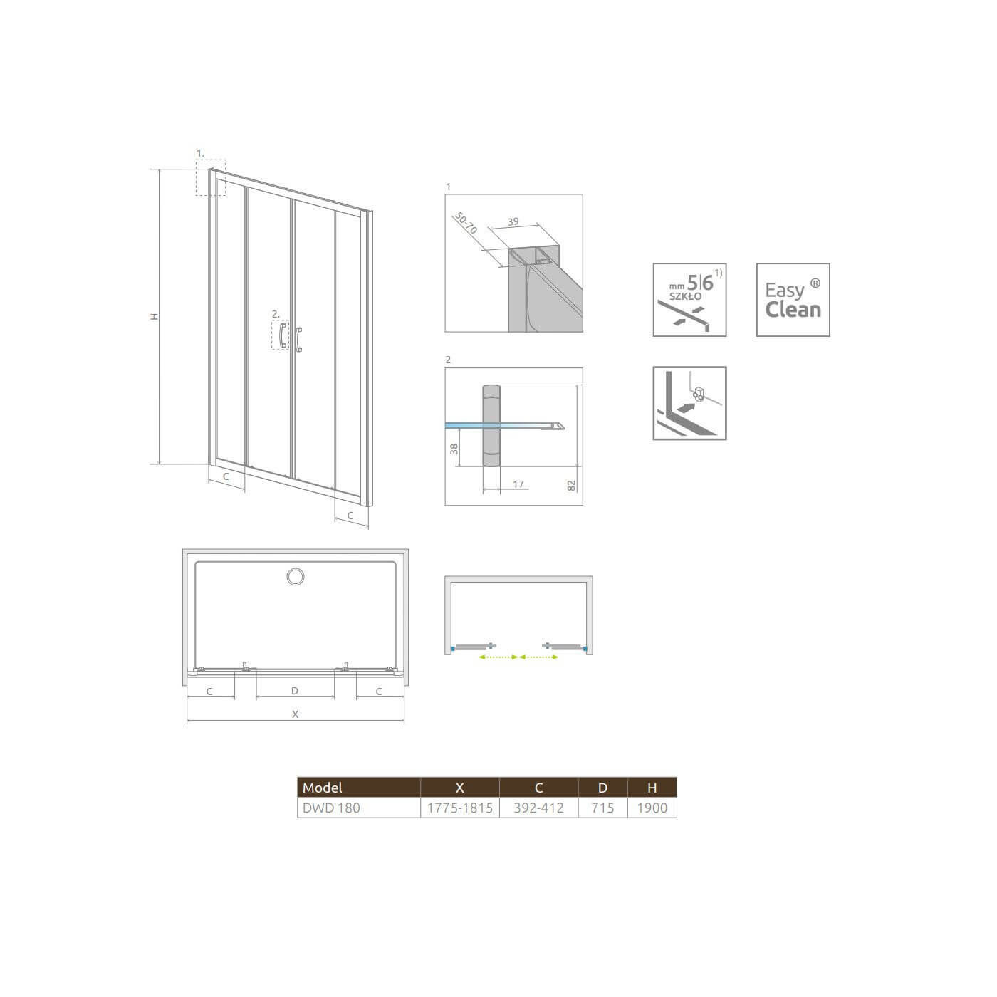 Drzwi Prysznicowe Premium Plus DWD 180 33373-01-01N Radaway
