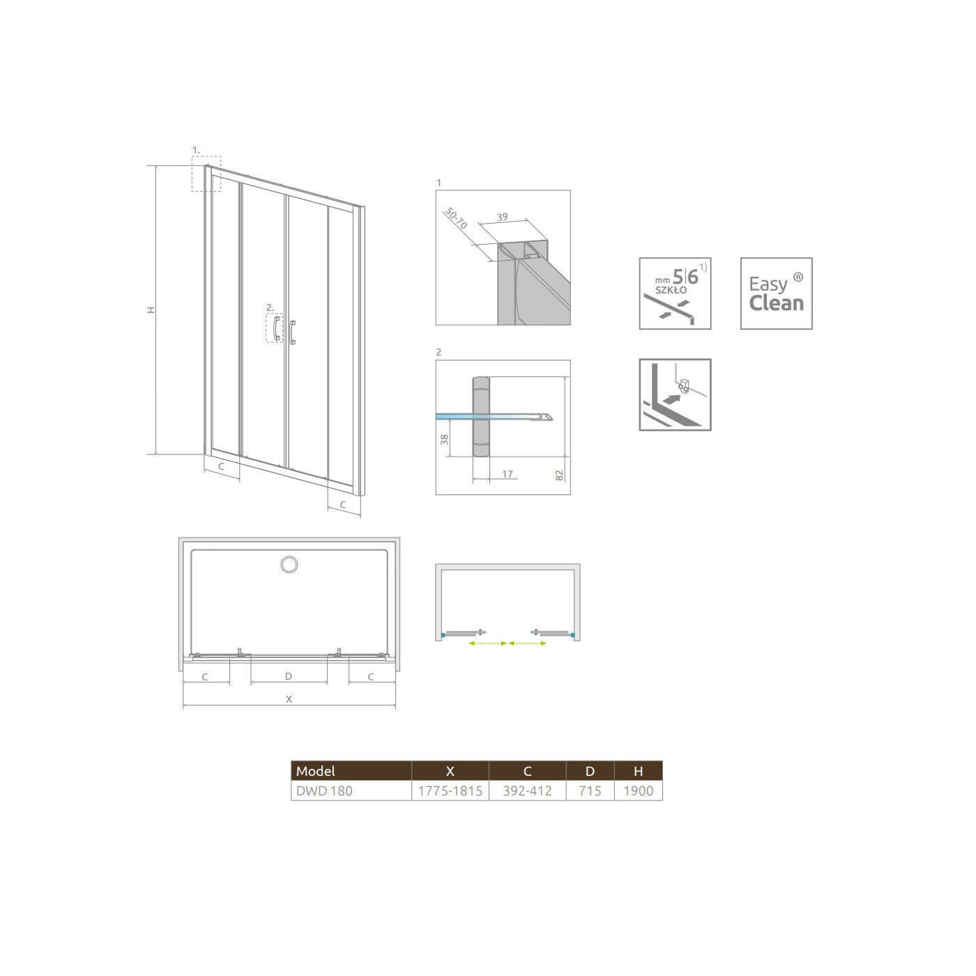 Drzwi Prysznicowe Premium Plus Szkło Brązowe DWD 180 33373-01-08N Radaway