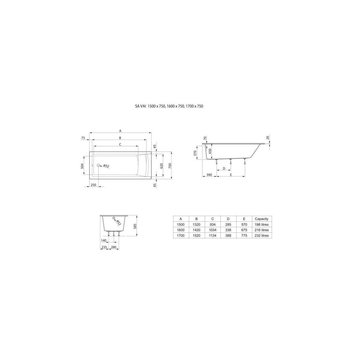 Wanna Prostokątna 150x75 + Nogi Savai Slim A248587000 Roca