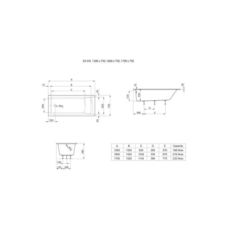 Wanna Prostokątna 150x75 + Nogi Savai Slim A248587000 Roca