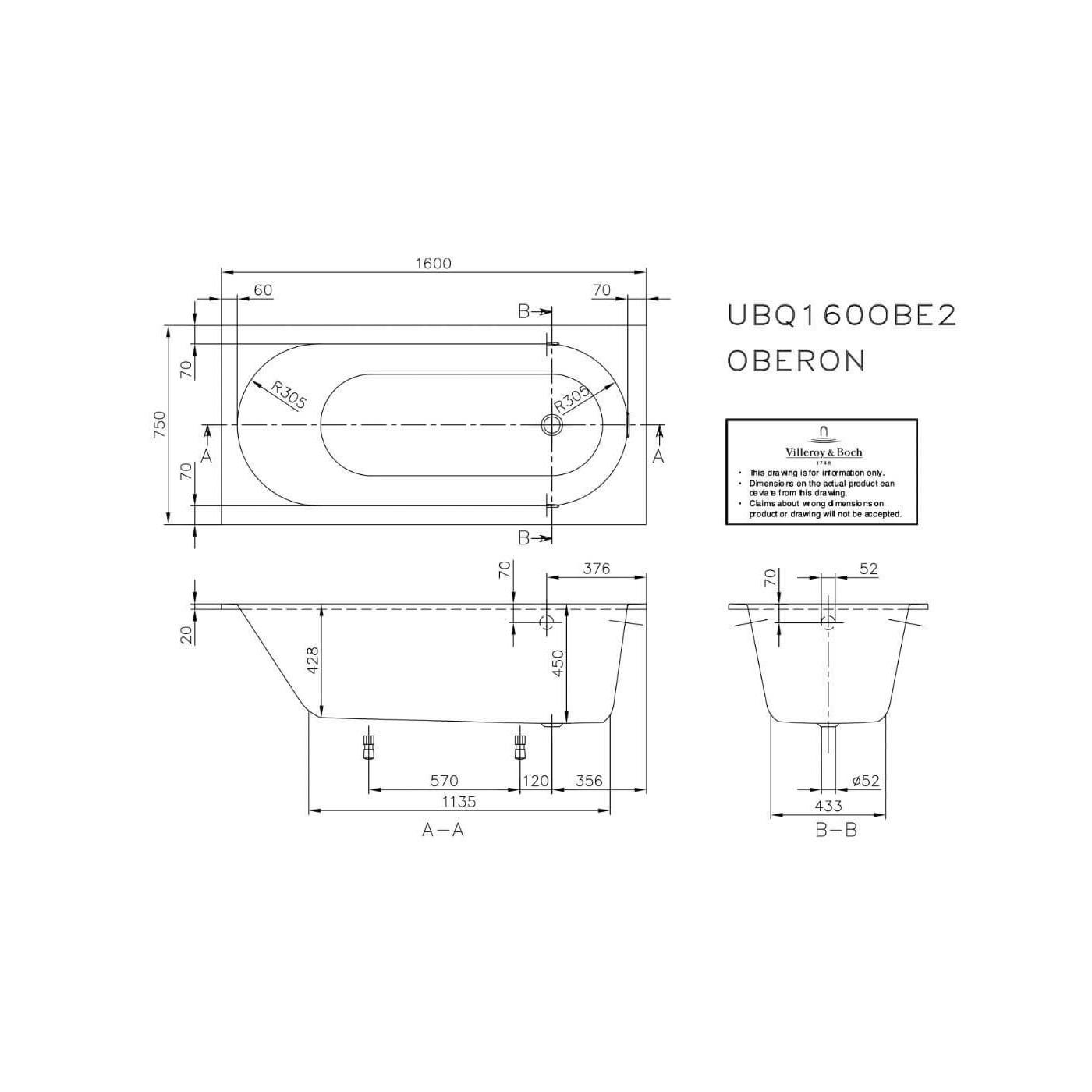 Wanna Prostokątna Oberon 160x75 Weiss Alpin UBQ160OBE2V-01 Villeroy&Boch