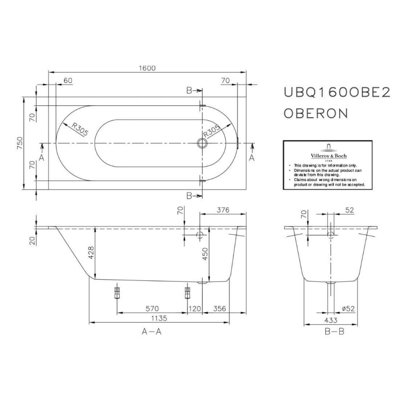 Wanna Prostokątna Oberon 160x75 Weiss Alpin UBQ160OBE2V-01 Villeroy&Boch