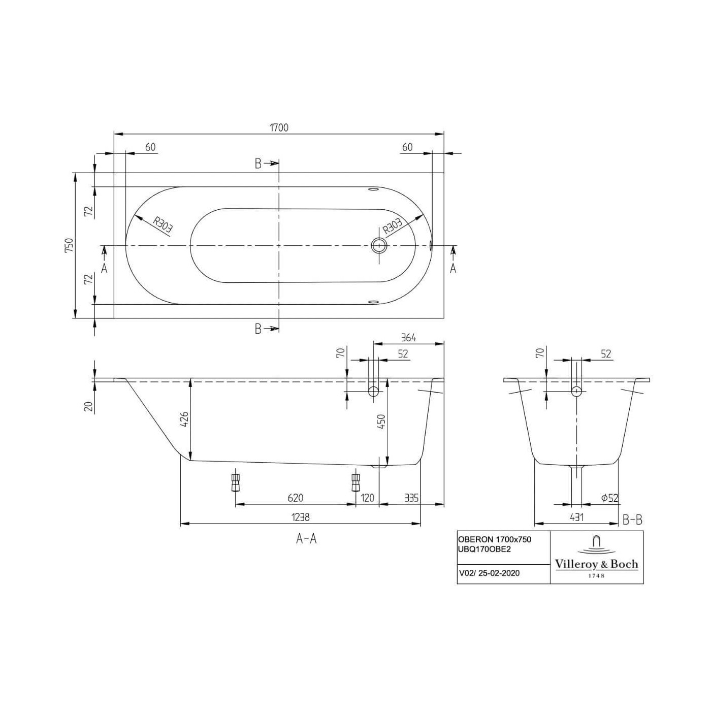 Wanna Prostokątna Oberon 170x75 Weiss Alpin UBQ170OBE2V-01 Villeroy&Boch