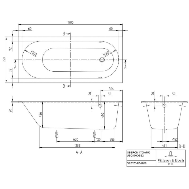 Wanna Prostokątna Oberon 170x75 Weiss Alpin UBQ170OBE2V-01 Villeroy&Boch