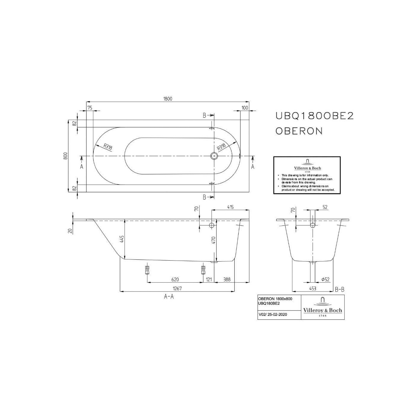 Wanna Prostokątna Oberon 180x80 Weiss Alpin UBQ180OBE2V-01 Villeroy&Boch