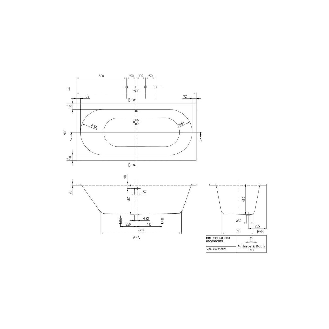 Wanna Prostokątna Oberon 190x90 Weiss Alpin UBQ199OBE2V-01 Villeroy&Boch