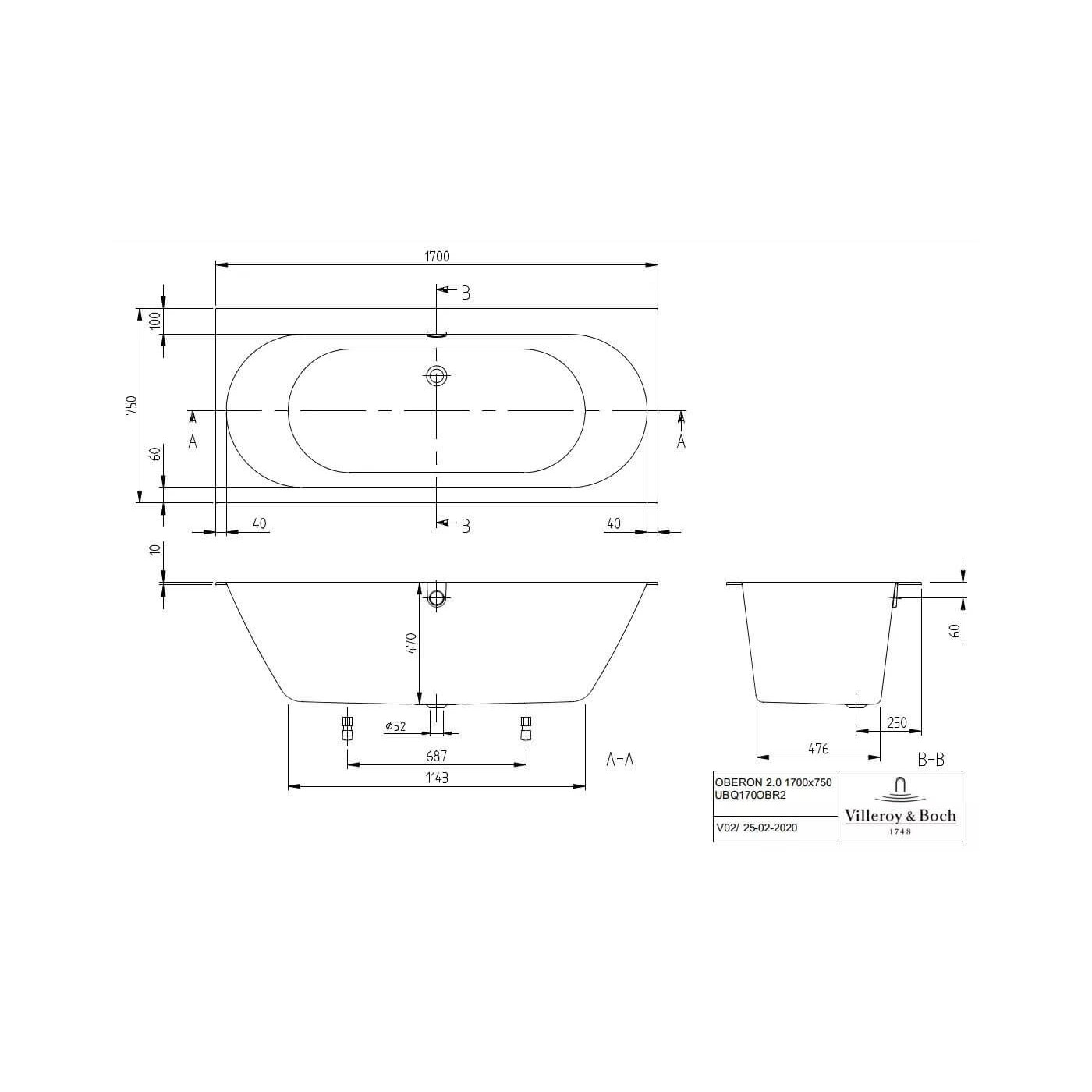 Wanna Prostokątna Oberon 2.0 170x75 Weiss Alpin UBQ170OBR2DV-01 Villeroy&Boch
