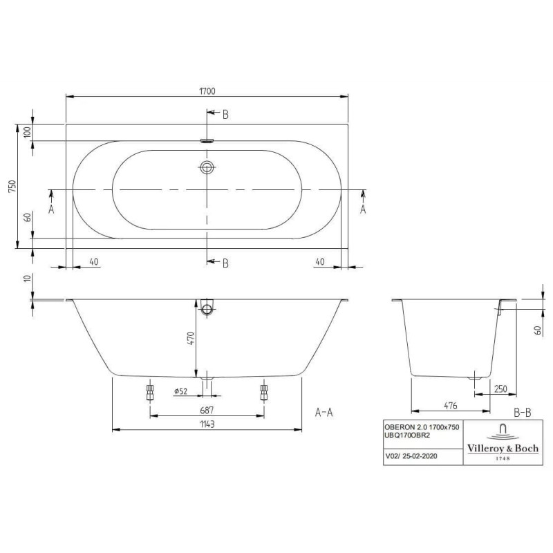 Wanna Prostokątna Oberon 2.0 170x75 Weiss Alpin UBQ170OBR2DV-01 Villeroy&Boch